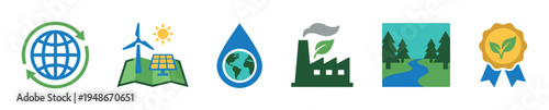 Collection of colorful environmental and sustainability icons representing eco-friendly practices and renewable energy.