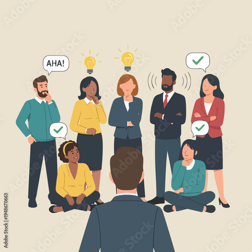Group of diverse business people having a meeting, with lightbulb ideas