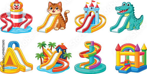Kids playground slides set, colorful water park slides with animals castle and spiral designs, fun amusement park equipment cartoon vector illustration