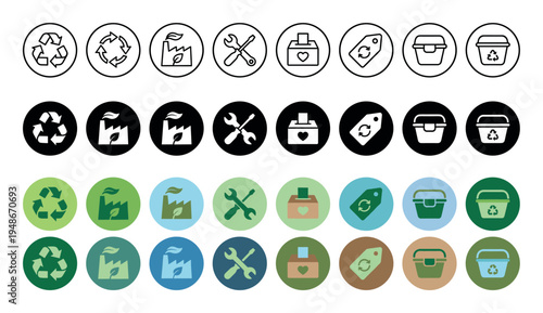 Comprehensive set of environmental and industrial vector icons, featuring symbols for recycling, manufacturing, tools, donation, and containers in various color and outline styles.
