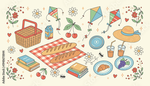 Cute Picnic Elements Collection with Food and Summer Activities