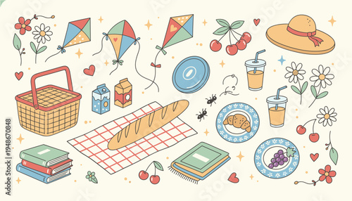 Summer picnic set with food and leisure items in hand drawn style