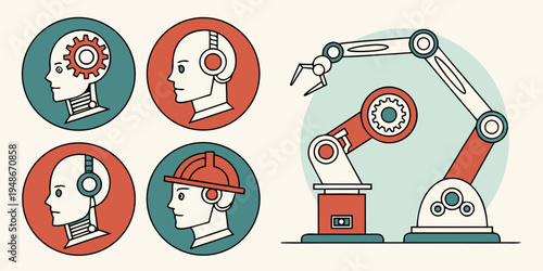 a robotic arm and human heads with gears Vector