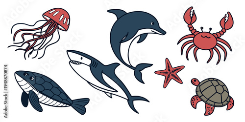 a group of sea creatures including a whale dolphin and turtle Vector
