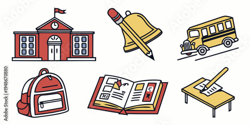 a set of school related icons including a school building and bus Vector