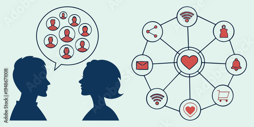 a couple in silhouette with a social network diagram Vector