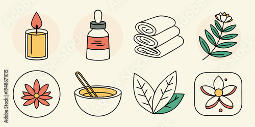 a collection of natural wellness and skincare product icons Vector