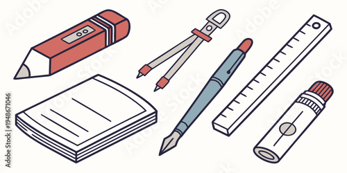 a set of school supplies including a pencil and notebook Vector