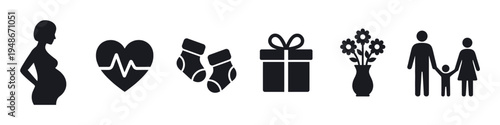 Family and pregnancy concept icons featuring a pregnant woman, heartbeat, baby socks, gift, flowers, and a family.