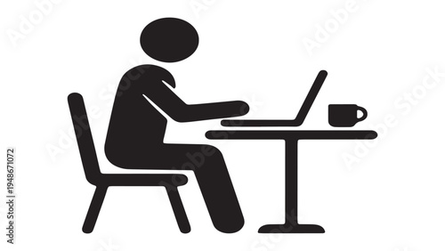 Side view of a person working on a laptop at a table with coffee, remote work and freelance concept silhouette icon.