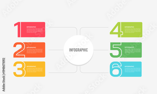 6 Steps Centralized Business Mind Map Infographic for Core Concept Presentation. Vector illustration.