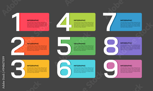 9 Steps Modern Dark Business Infographic Template for Presentation. Vector illustration.