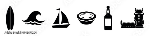 Collection of black silhouette icons represents various elements of coastal culture, maritime activities, traditional food, and historical architecture.