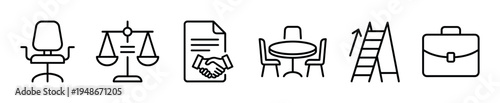 Collection of essential business and legal line icons representing various professional concepts and tools.