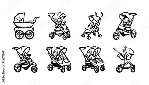 Collection of hand-drawn baby strollers and prams in various styles, illustrating different designs for infant and toddler transportation.
