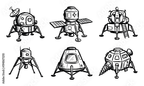 Various hand-drawn illustrations depict different designs of space landers and lunar modules, showcasing concepts for extraterrestrial exploration vehicles.