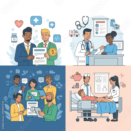 Healthcare and financial concepts illustrated with people and medical symbols