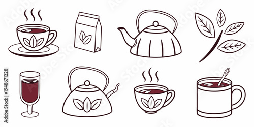 a collection of tea and coffee related items and a glass of wine Vector