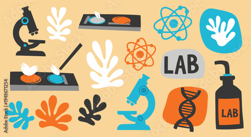 Science laboratory equipment and research icons pattern