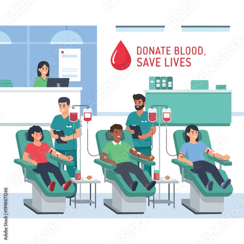 Illustration of a blood donation center with donors and medical staff