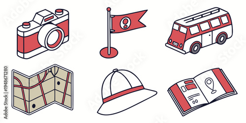 a collection of red and white icons including a camera bus flag map hard hat and ticket Vector