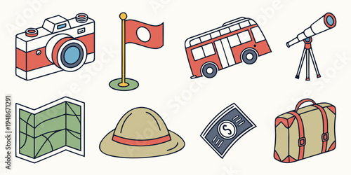 a collection of travel and photography items Vector