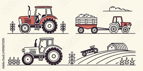 tractor and farming equipment illustrations Vector