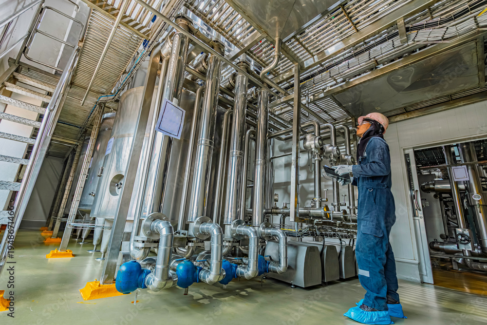 Fototapeta premium Male work inspection process stainless steel tanks and pipe with a pressure meter in the equipment tank facility for the drink cellar with a vertical