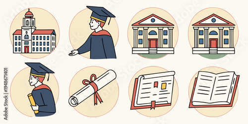 a set of education icons including buildings and graduates Vector