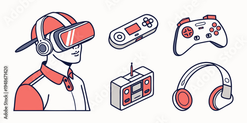 a man wearing virtual reality goggles and various gaming devices Vector