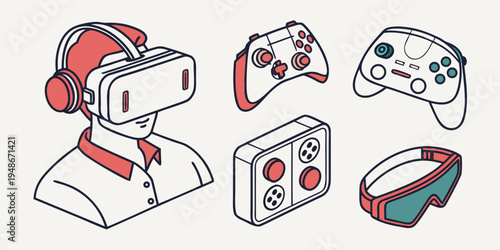 a set of virtual reality gaming devices and accessories Vector