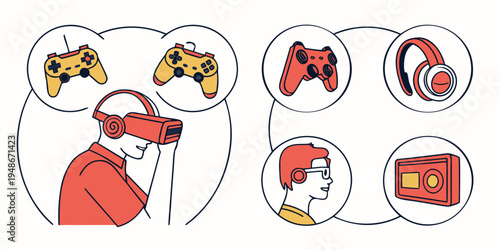a man wearing a vr headset with gaming accessories Vector