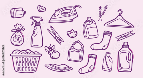 Laundry day doodle set with cleaning supplies and clothes
