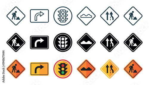 Comprehensive collection of road warning and traffic control signs, including construction ahead, right turn, traffic light, speed bump, and lane merge symbols.