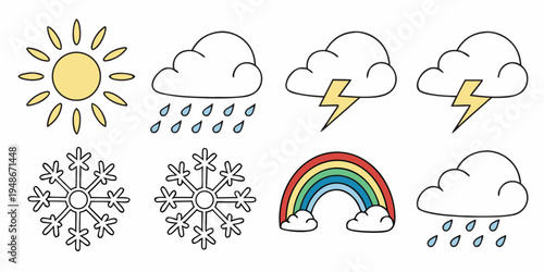a set of weather icons including sun, clouds, rain, lightning, snow, and rainbow Vector