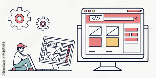 a man working on a computer with a website on the screen Vector