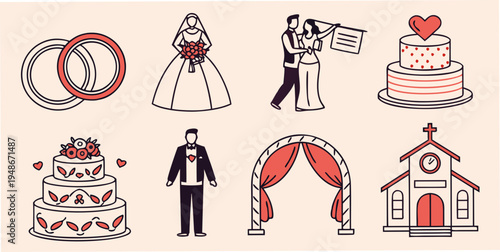 wedding icons including cake bride groom church Vector