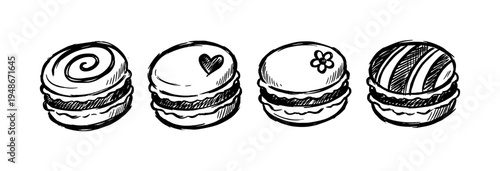Hand-drawn sketch of four delicious macarons with various decorative toppings, perfect for sweet treat designs.