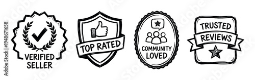 Collection of hand-drawn quality badges and trust seals for online business and customer reviews.