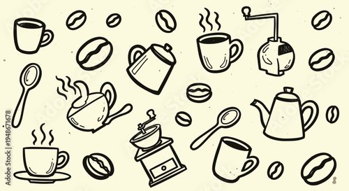 Hand drawn coffee elements pattern with cups and beans