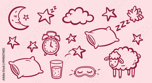 Hand drawn sleep and bedtime doodle elements set