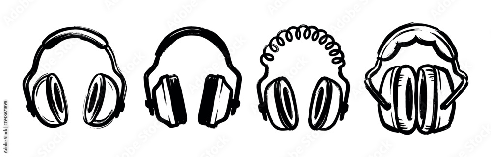Fototapeta premium Collection of hand-drawn headphone illustrations in various styles, representing audio technology and music listening.