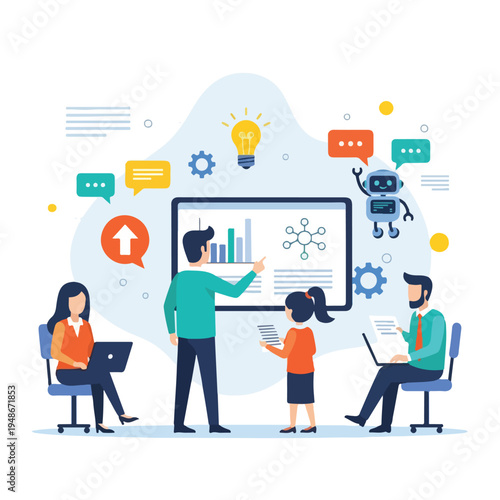 Group of people collaborating on a project with a robot and charts
