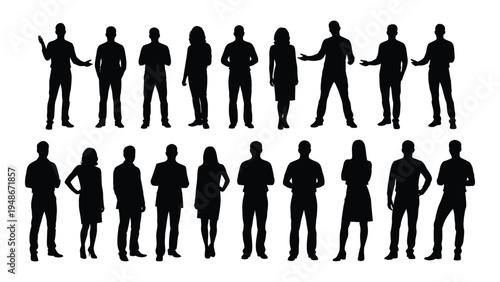 Diverse group of people silhouettes in various poses and attire, representing different professions and personalities