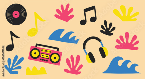 Abstract Music Elements Pattern with Retro Boombox and Headphones