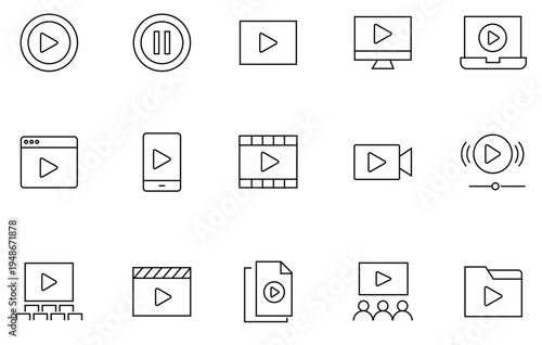 A collection of black and white video play icons on a white background