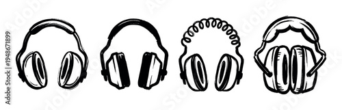 Collection of hand-drawn headphone illustrations in various styles, representing audio technology and music listening.