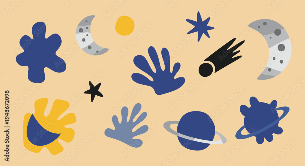 Fototapeta premium Abstract celestial elements and organic shapes pattern on beige background