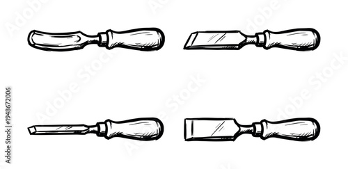 Set of four different hand-drawn wood carving chisels with various blade shapes used for detailed woodworking and sculpting.