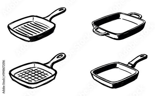 Set of hand-drawn square grill and frying pans in a doodle style for cooking and kitchen concepts.